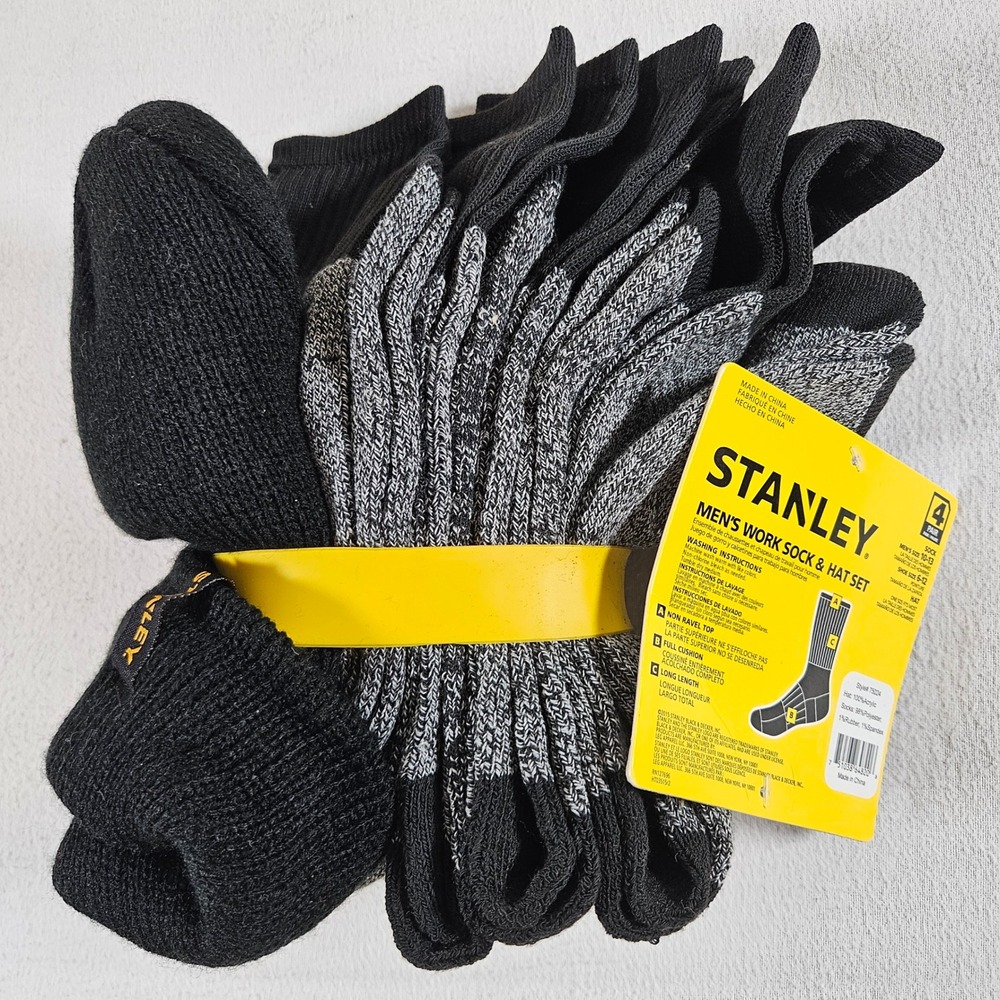 Stanley Work Sock and Hat Set Mens 10-13 Black Gray 4 Pairs Beanie 75024